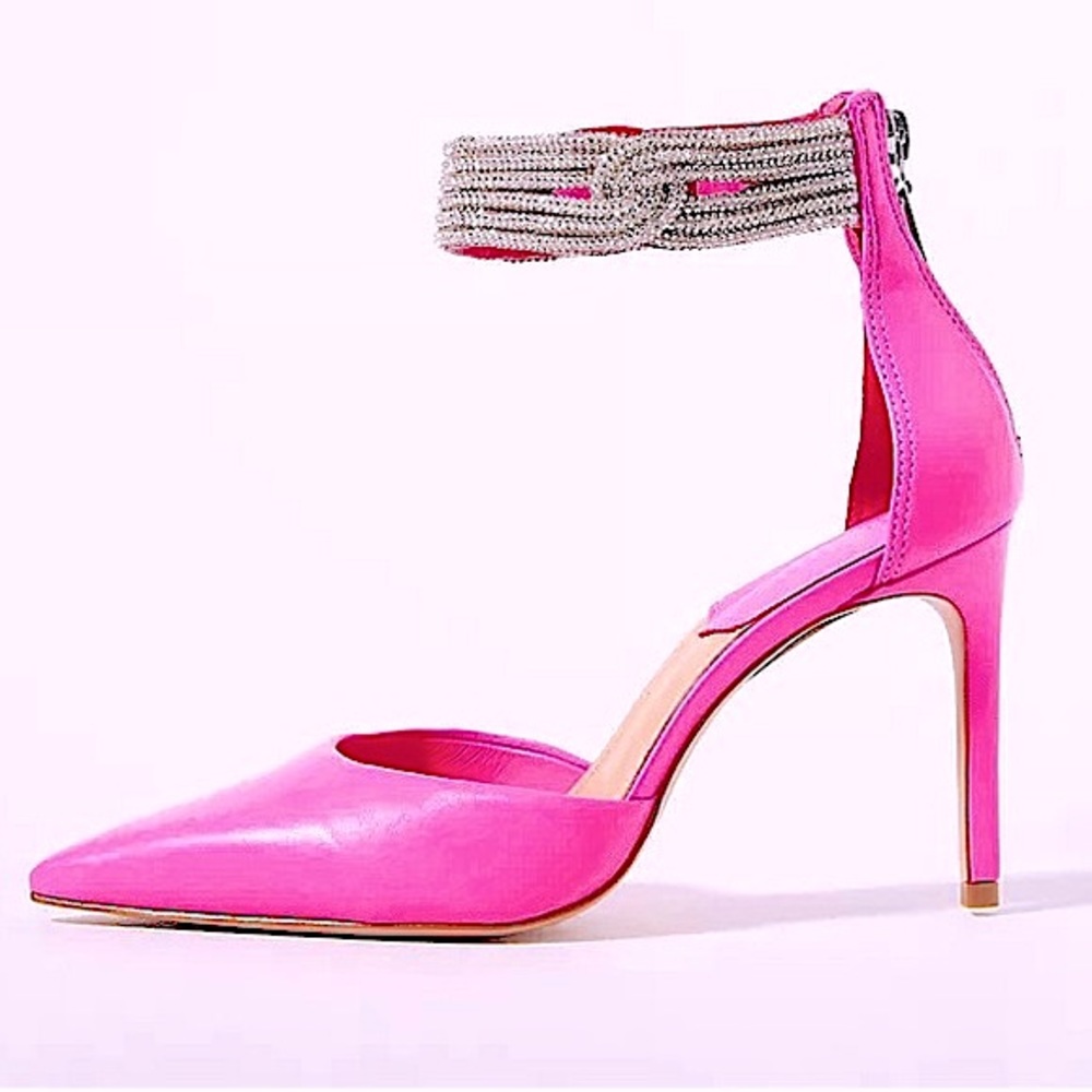 NWOT LINARA Schutz Bright Pink Nappa Leather Rhinestone Strap Pointed Toe Pump